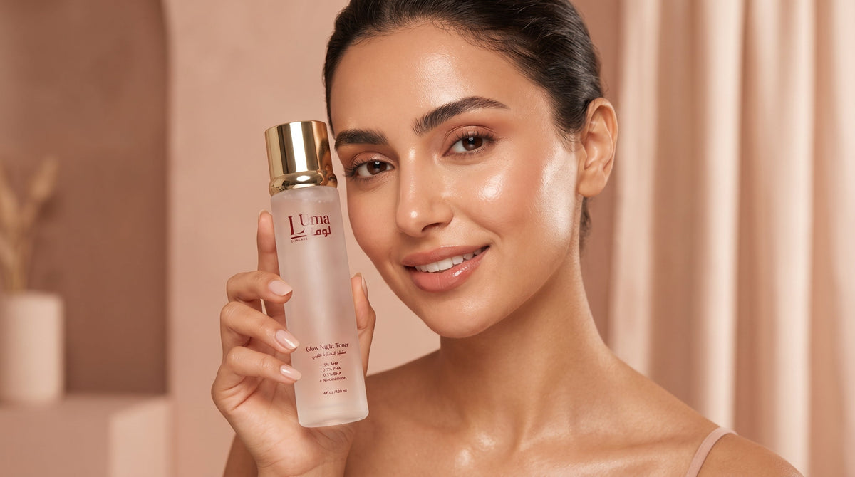 Women’s skin care set Luma Glow Kit featuring the Glow Night Toner with AHA BHA PHA formula and 50 SPF Rice Sunscreen with zinc oxide and rice extract — complete 2-step night and morning skincare routine
