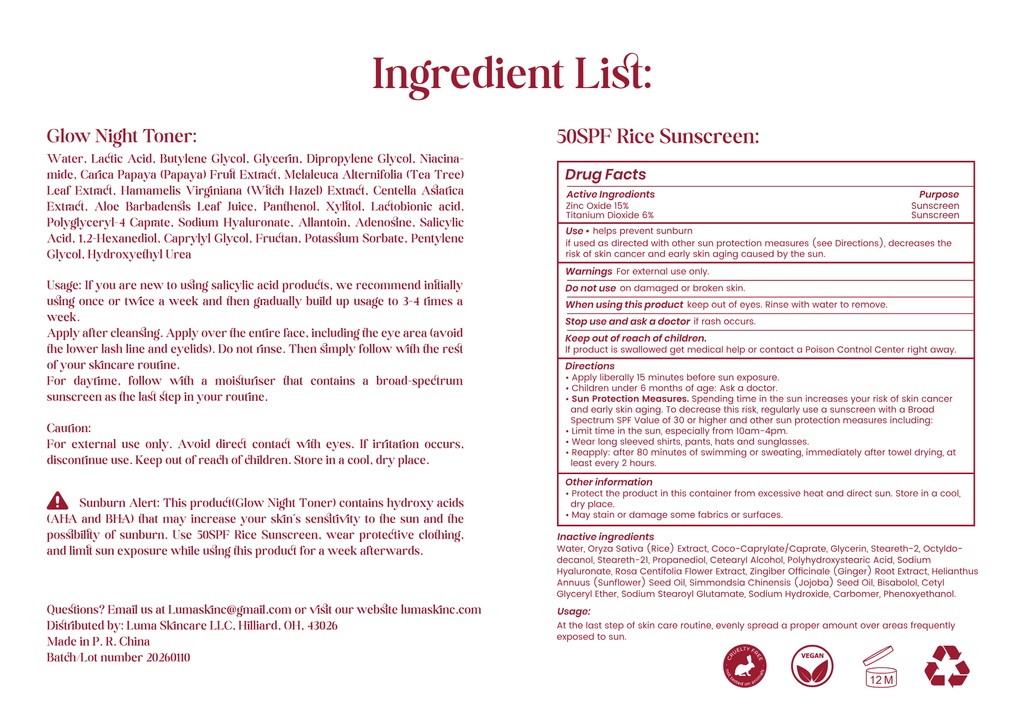 Glow Night Toner + 50SFP Rice Sunscreen